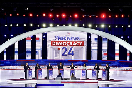 2024 Republican presidential candidates Asa Hutchinson, from left, Chris Christie, former Vice President Mike Pence, Ron DeSantis, Vivek Ramaswamy, Nikki Haley, Senator Tim Scott and Doug Burgum during the Republican primary presidential debate