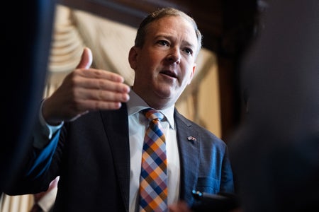 Low angle photo of Lee Zeldin, administrator of the Environmental Protection Agency, talking with reporters